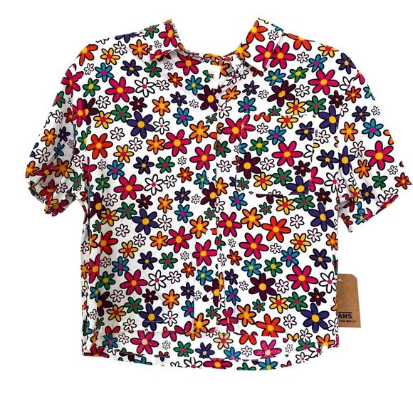 Vans Daisy Stacked Colorful Retro Short Sleeve Button Down Top Size Small - Picture 1 of 5